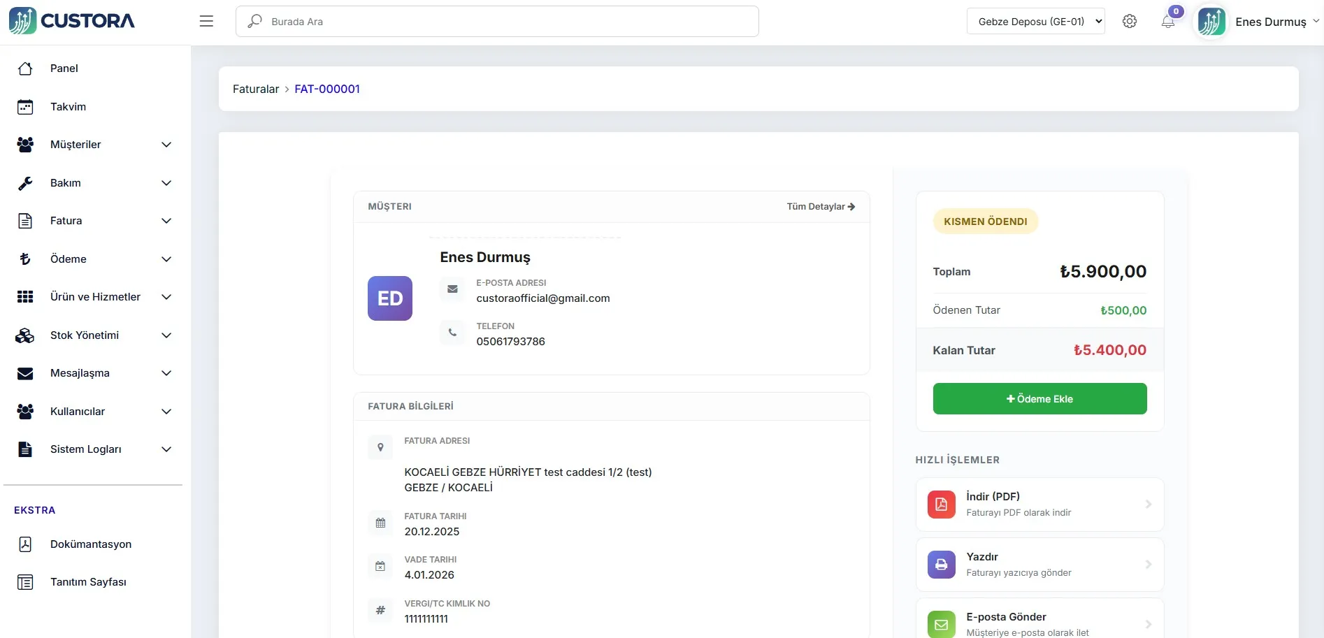 Fatura ve Finans Yönetimi Ekranı